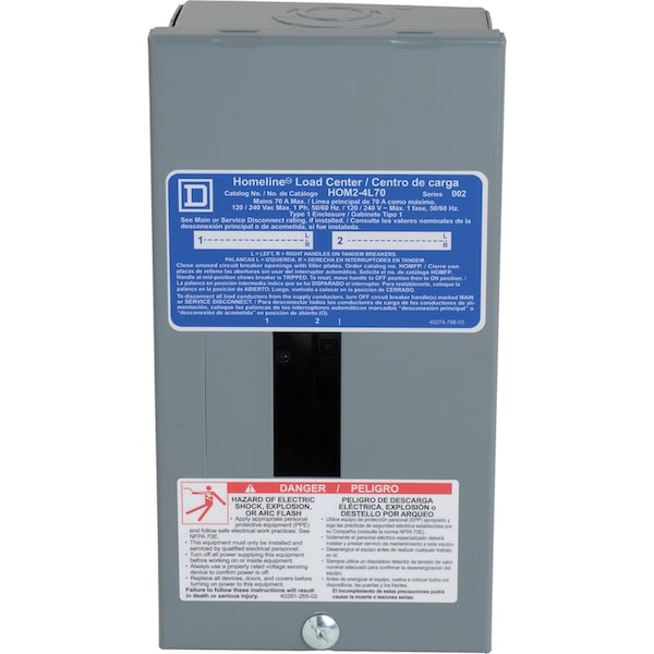 Load Center, HOM, 2 Spaces, 70A, 120/240V AC, Main Lug, 1 Phase
